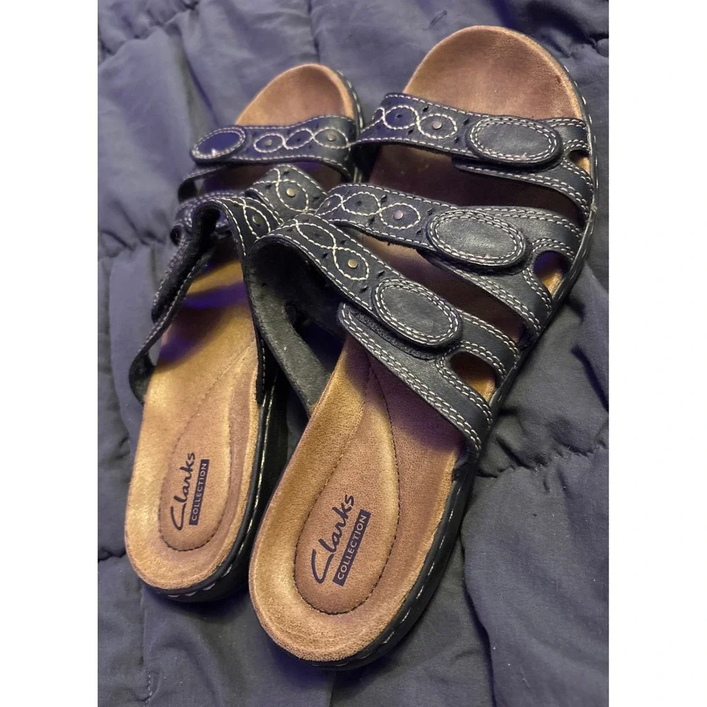 Clarks Collection Black Leather Multi Strap Slide Sandals Size 8 M